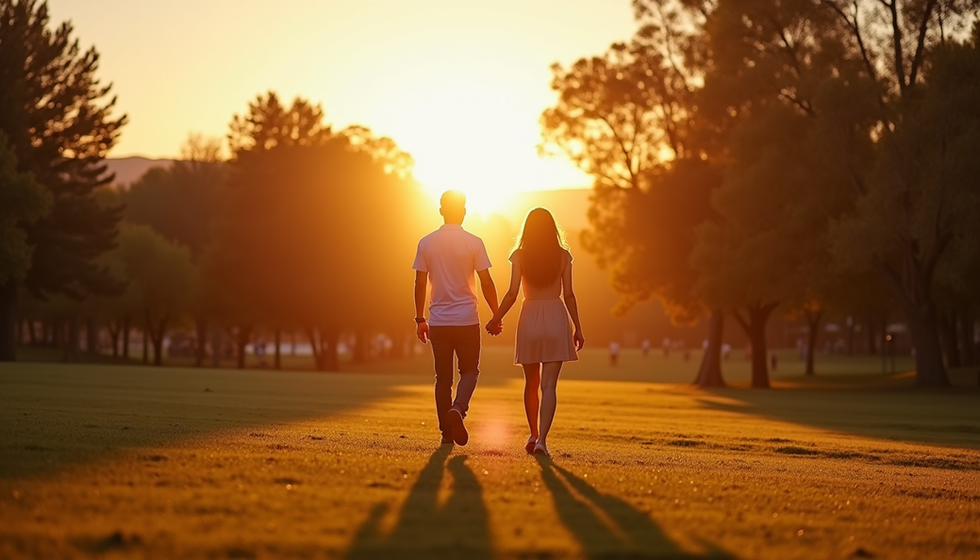 Eye-level view of a couple holding hands during a sunset walk in a Las Vegas park