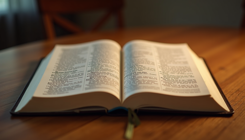 Eye-level view of a family Bible open on a wooden table with a soft light illuminating the pages