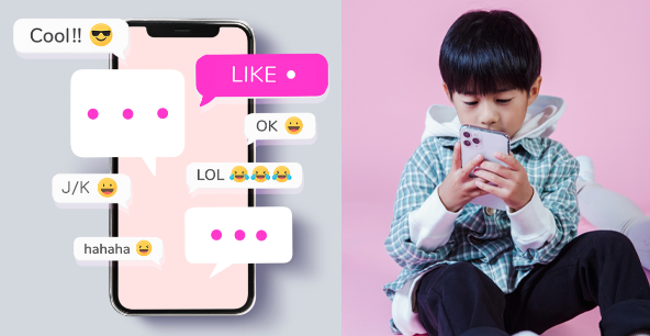 "A child intently looks at their smartphone, which displays colorful text message bubbles filled with phrases like 'Cool!!', 'LIKE', 'OK 😊', 'J/K 😜', and 'LOL 😂', against a pink background, illustrating the vibrant and sometimes puzzling world of teen texting slang.