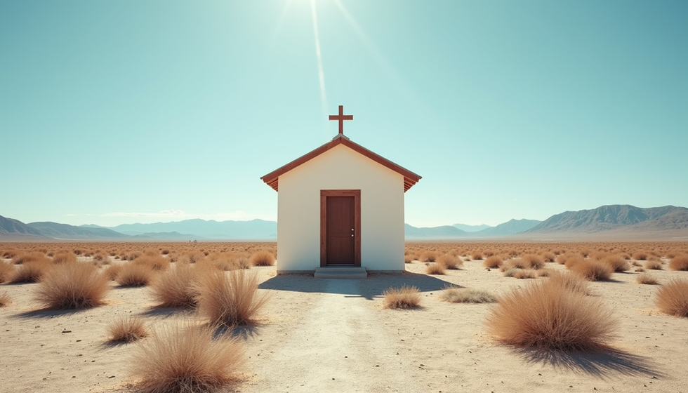 Eye-level view of a serene Nevada desert landscape with a small chapel in the distance