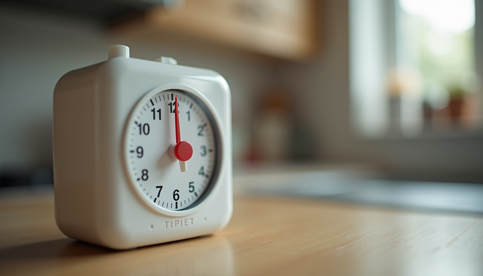 Close-up of a timer on a kitchen counter with a calm home background