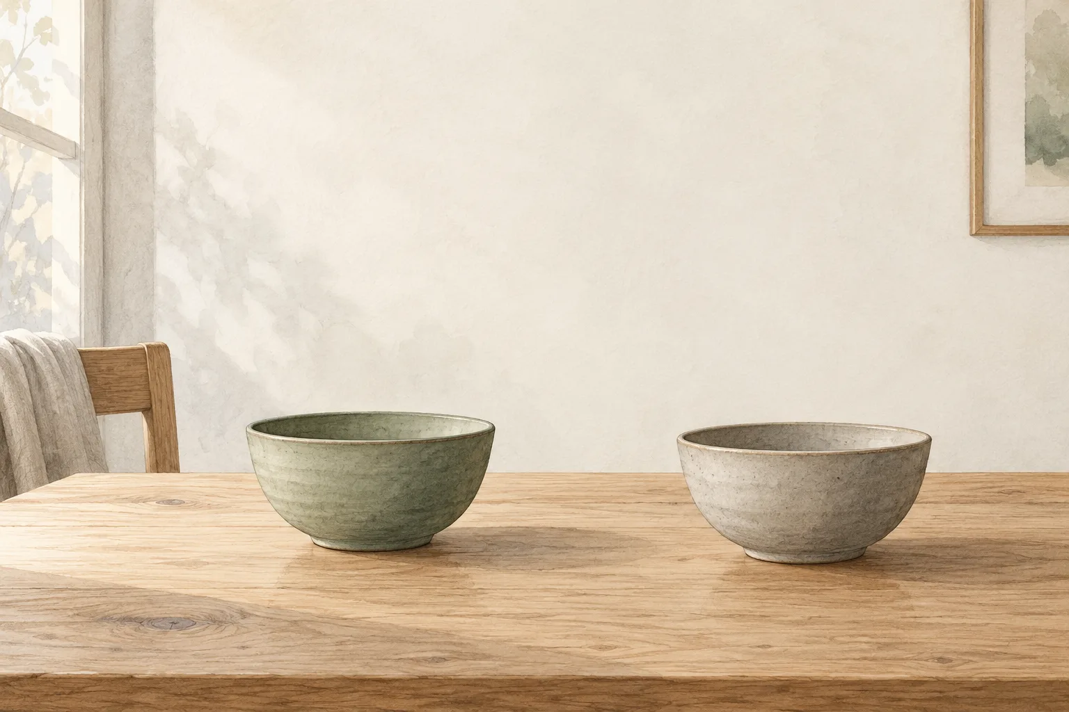 Two separate bowls rest side by side on a spacious table.