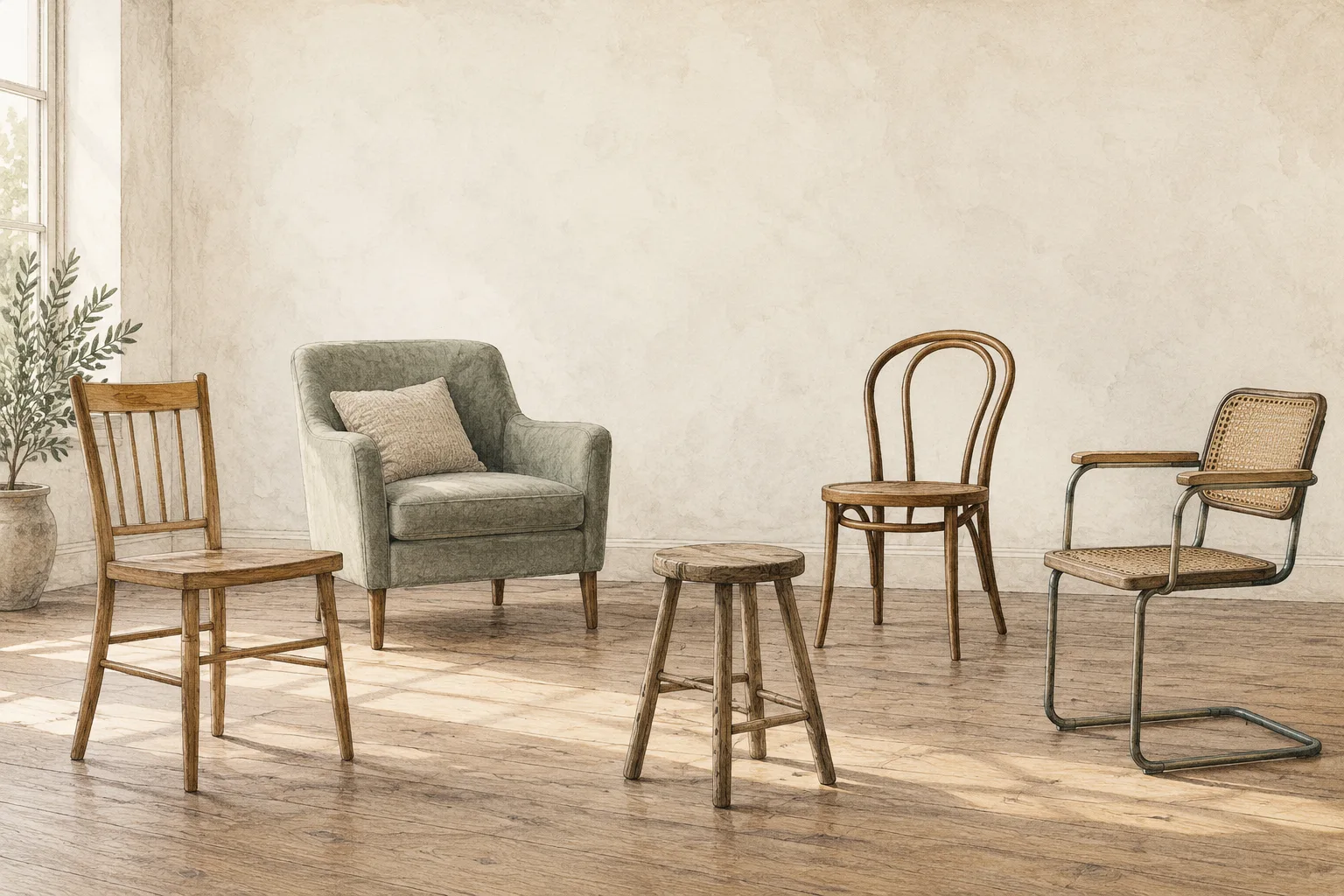 Several different empty chairs share a quiet room.