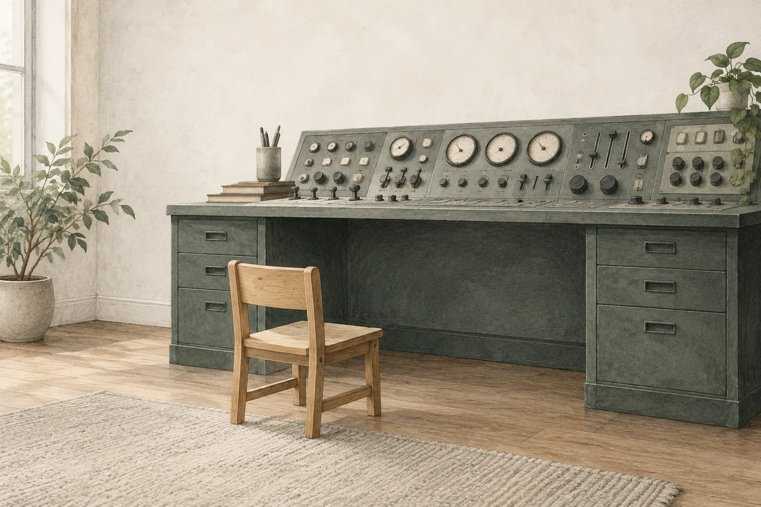 A small empty chair faces a much larger control desk.