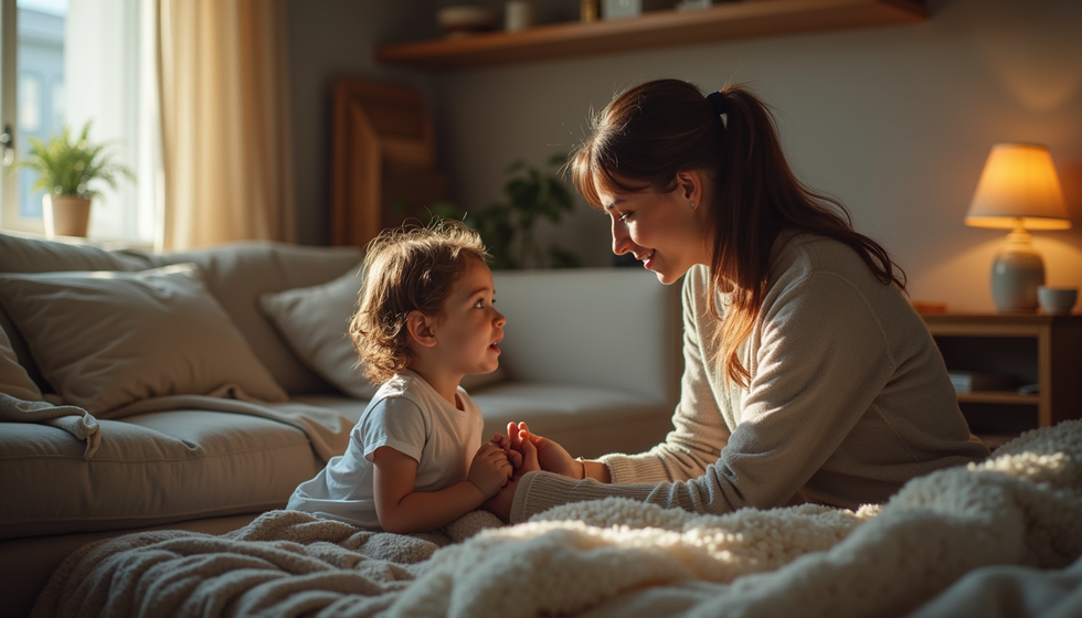Eye-level view of a parent calmly talking to a child in a living room